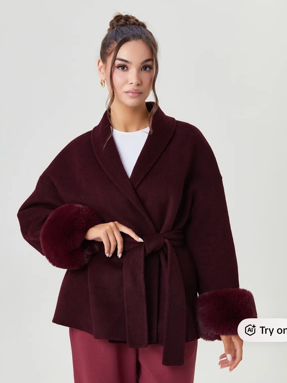 Women's Burgundy Wrap Coat with Faux Fur Cuffs